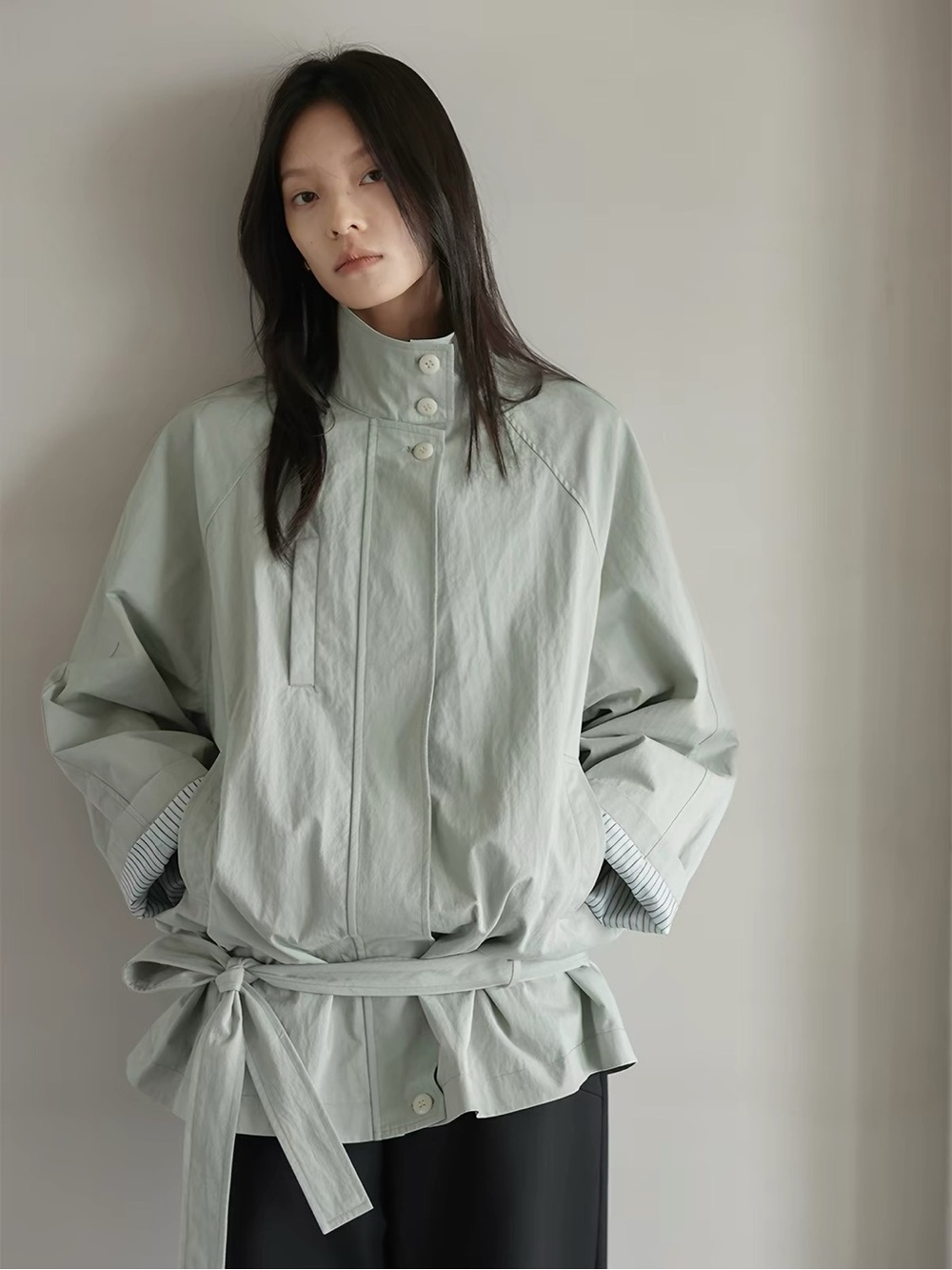 Tie-Waist High-Collar Trench Jacket in Light Sage